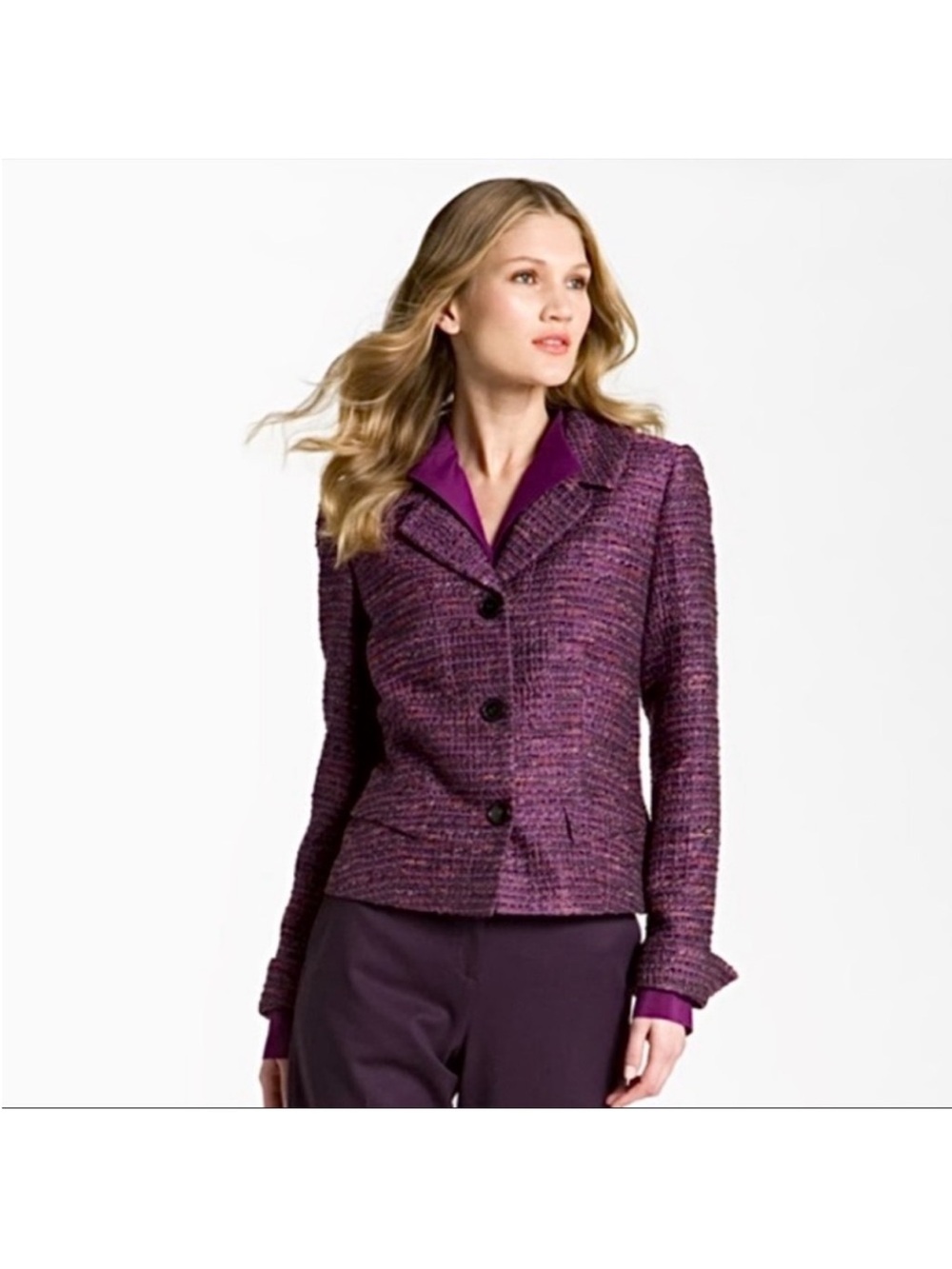 Lafayette 148 Melodic Tweed 3 Button Closure Jacket Purple Size 8